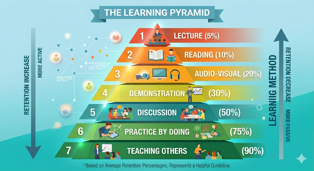 학습 피라미드: Lecture 5%, Reading 10%, Audio-Visual 20%, Demonstration 30%, Discussion 50%, Practice by Doing 75%, Teaching Others 90%